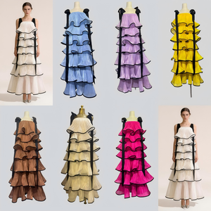 Robes pour femmes de haute qualité en gros pour les fêtes, robe maxi à volants de couleur unie avec corsage sans bretelles et robe de <span class=keywords><strong>soirée</strong></span> à lacets - Product Image 2