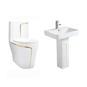Hot sale Gold Line Design Bathroom Ceramic One-Piece Toilets Bowl Disable Person Use WC Bathroom Wash Down Toilets