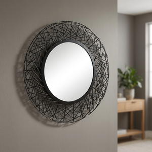 Modern iron round wall mirror with artistic woven <b>frame</b> design for stylish home decor elegant entryway accent and contemporary - Product Image 1