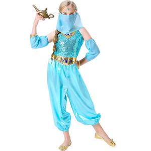 Costume de princesse Jasmine de Disney pour enfants, combinaison bleue avec voile pour spectacle de fête d'Halloween - Product Image 2