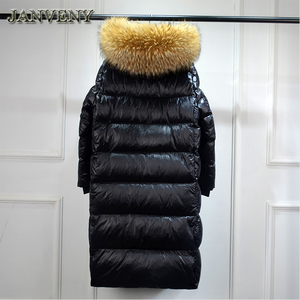 JANVENY 2023 Nouvelle veste d'hiver <span class=keywords><strong>brillante</strong></span> pour <span class=keywords><strong>femme</strong></span>, longue, rembourrée, avec grande <span class=keywords><strong>capuche</strong></span> en <span class=keywords><strong>fourrure</strong></span> de raton laveur naturelle, 90% duvet de canard, manteau brillant - Product Image 3