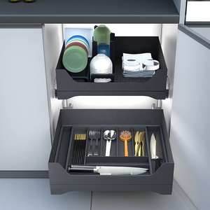 Organisateur de tiroir de cuisine moderne à 2 niveaux avec panier métallique à quatre côtés, rangement coulissant pour armoires, panier d'angle coulissant pour cuisine S - Product Image 2