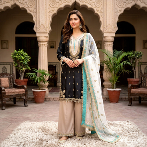 Salwar Kameez en soie noire brodée avec un dupatta à col en V perlé pour les occasions de mariage et de fête, vêtements ethniques vintage pour femmes - Product Image 1