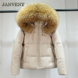 Jaket Kulit Imitasi Berkerudung Bulu Rakun Asli JANVENY Musim Dingin Wanita, Parka Tebal Tahan Air Berlapis Kapas Mengkilap, Mantel Kulit Imitasi - Product Image 4