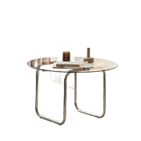 Table basse moderne de style japonais en verre trempé avec structure en acier inoxydable pour petit appartement, salon ou maison d'hôtes