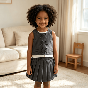 Conjunto de 2 Piezas para Niñas: Chaleco sin Mangas con Cuello Halter y Nudo Chino, Minifalda Plisada con Cintura Elástica y Bolsillos, Estilo Preppy Casual - Product Image 4