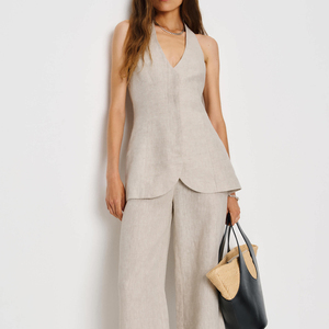Conjunto de Dos Piezas de <span class=keywords><strong>Verano</strong></span> 2026 para <span class=keywords><strong>Mujer</strong></span>, Casual, Simple, Cuello en V, Chaleco sin Mangas y Top de <span class=keywords><strong>Lino</strong></span>, <span class=keywords><strong>Pantalones</strong></span> Anchos Holgados - Product Image 2
