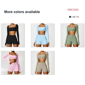 Ensemble de sport 1 pièce pour femme, taille basse, grande taille, leggings push-up, soutien-gorge de sport, haut à manches longues, short respirant, lavé, pour gym et yoga - Product Image 5