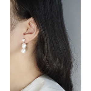 Pendiente de cadena de perlas barrocas naturales, pendientes con cuentas de perlas blancas, pendientes de perlas de poste de plata S925 - Product Image 3