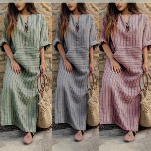 Robe longue en coton et lin pour femmes, grande taille, tendance, avec poches, rayée, coupe ample en forme de H, nouvelle arrivée été-printemps - Product Image 1