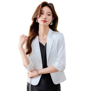 Women's Acetate Satin <b>Blazer</b> Three Quarter Sleeve Lightweight Breathable Black Suit <b>Set</b> For Summer Style - Product Image 5