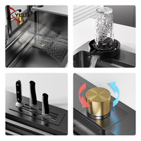 Évier de cuisine multifonction fabriqué à la main à la mode moderne, évier de cuisine noir à cascade nano