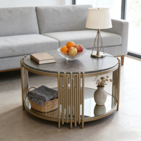 Dessus de table moderne et luxueux en pierre de marbre avec étagère inférieure en miroir et décoration aux lignes dorées Table basse pour le salon, la chambre et la salle à manger