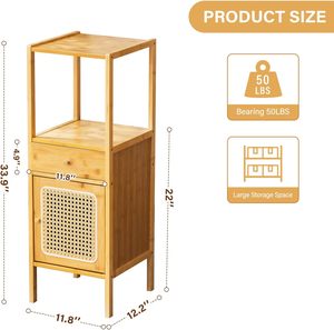 Natural Bamboo <strong>Tall</strong> <strong>Narrow</strong> Storage Cabinet with Rattan Door <strong>Drawer</strong> &amp; Open Top Shelf for Living Room Bathroom Bedroom - Product Image 3