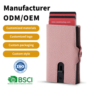 Custom Logo Pink Lychee Real Leather Smart <b>Wallet</b> Cartera <b>Rfid</b> Protection Aluminum Popup Card Holder <b>for</b> <b>Men</b> Women - Product Image 1
