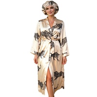 Robe en satin à imprimé léopard blanc P676 avec bonnet de nuit, col en V, ceinture, long kimono, vêtements de détente pour femmes, vêtements de nuit