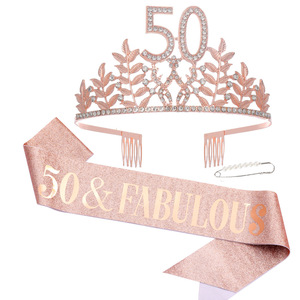 Set Corona e Fascia di Compleanno Oro Rosa con Strass e Foglie, Decorazioni per Feste per Ragazze e Donne WB075 - Product Image 2