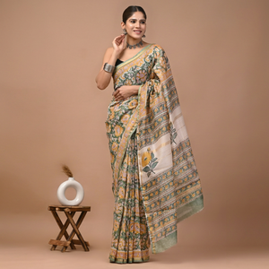 Sari en soie Chanderi pure imprimé à la main avec pièce de blouse – Sari élégant en soie Chanderi pure – Vêtement ethnique imprimé à la main - Product Image 1