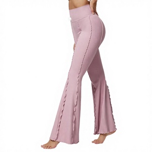 Custom Solid Pink Ribbed High Waist Lettuce Trim <b>Flare</b> Yoga <b>Leggings</b> Spandex/Nylon Breathable Gym Fitness with Back Pocket - Product Image 2