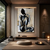 Peinture abstraite personnalisée faite à la main, dorée et noire, minimaliste, représentant une silhouette féminine assise, sur toile acrylique encadrée, pour la décoration de chambre.
