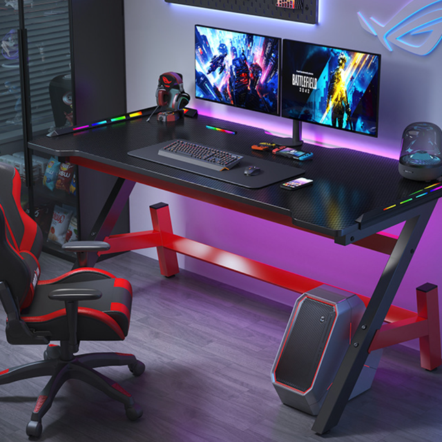 Carbon Fiber Gaming Computer Desk with RGB Light Gamer Table E-Sports with Monitor Riser Gaming Table