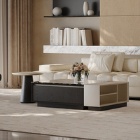 Table basse minimaliste avec grand rangement : armoire en bois massif multi-niveaux + plateau en verre noir rose haute résistance avec tiroirs
