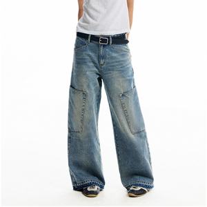 Pantalones Vaqueros Cargo Personalizados en Azul Claro para Mujer, 100% Algodón, Alta Calidad, Estilo Vintage Desgastado, Cintura Alta - Product Image 3