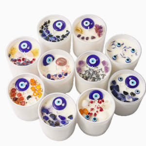 Velas <span class=keywords><strong>de</strong></span> Cera <span class=keywords><strong>de</strong></span> Soja con Cristales <span class=keywords><strong>de</strong></span> Ojo Turco, Piedras Curativas Naturales y Flores Secas para Protección Espiritual, Meditación y Decoración del Hogar - Product Image 1