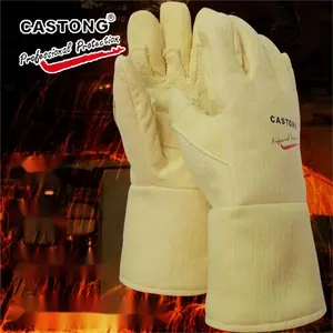 Guantes industriales resistentes al calor extremo de fieltro de pararamida amarillo reforzado de 500 grados C para fundición y extrusión de metales