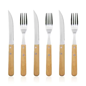 Wholesale Half Tang Beech Wood Handle Stainless Steel Steak Knife and Fork Set with Two Rivets