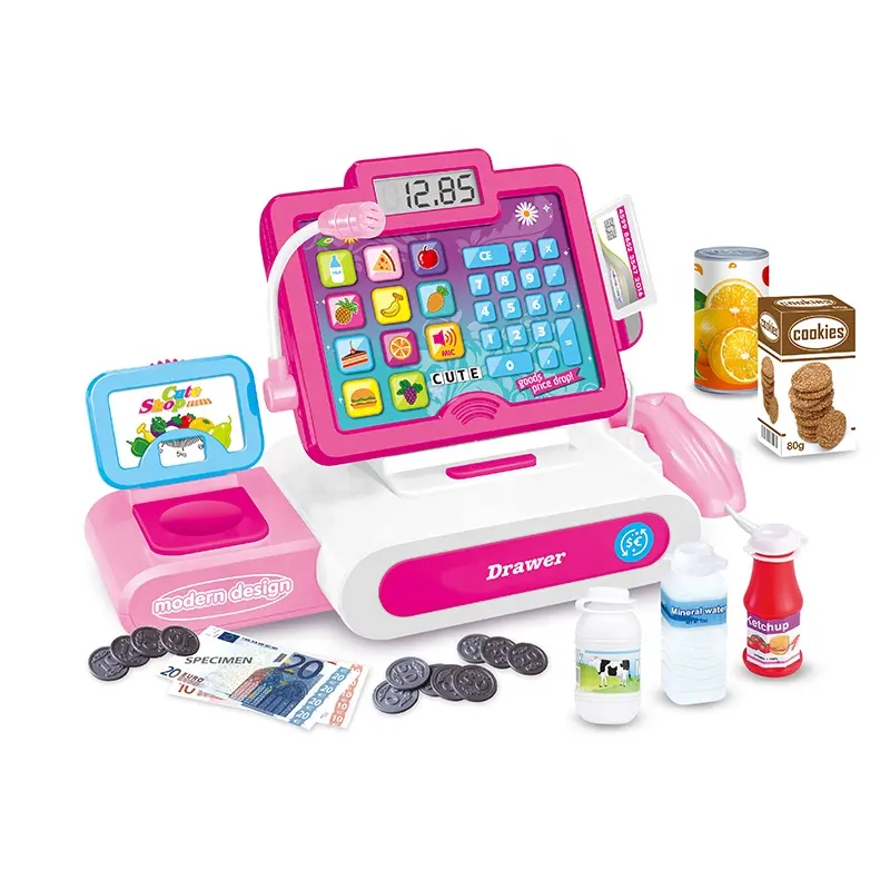 toy pretend play games plastic ABS supermarket electronic cash register toy with money and food