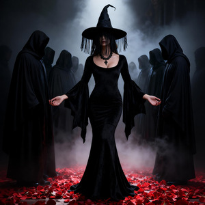 Costume de sorcière d'Halloween pour femmes adultes, robe longue gothique noire, manches cloche, costume de cosplay, tenue de scène pour performance - Product Image 1