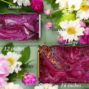 Indian Handmade White and Pink Crystal Epoxy <b>Resin</b> Tray with Gold Marbling and Handles for Serving & Cake Display - Product Image 1