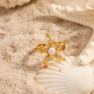 Bagues tendance thème océan, coquillages, étoiles de mer, incrustations de perles, plaqué or, ajustables, bijoux pour femmes, accessoire de fête - Product Image 3