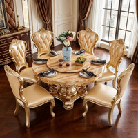Ensemble de table à manger ronde en marbre royal européen avec plateau tournant, chaises en bois massif sculpté et doré, meubles de salle à manger en cuir, vente en gros