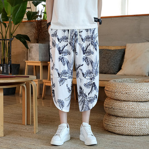 Pantalones Capri Vintage de verano para <span class=keywords><strong>hombre</strong></span>, <span class=keywords><strong>bombachos</strong></span> holgados de estilo chino que combinan con todo, de gran tamaño de cintura elástica <span class=keywords><strong>bombachos</strong></span>, flores sólidas, informales, florales - Product Image 4