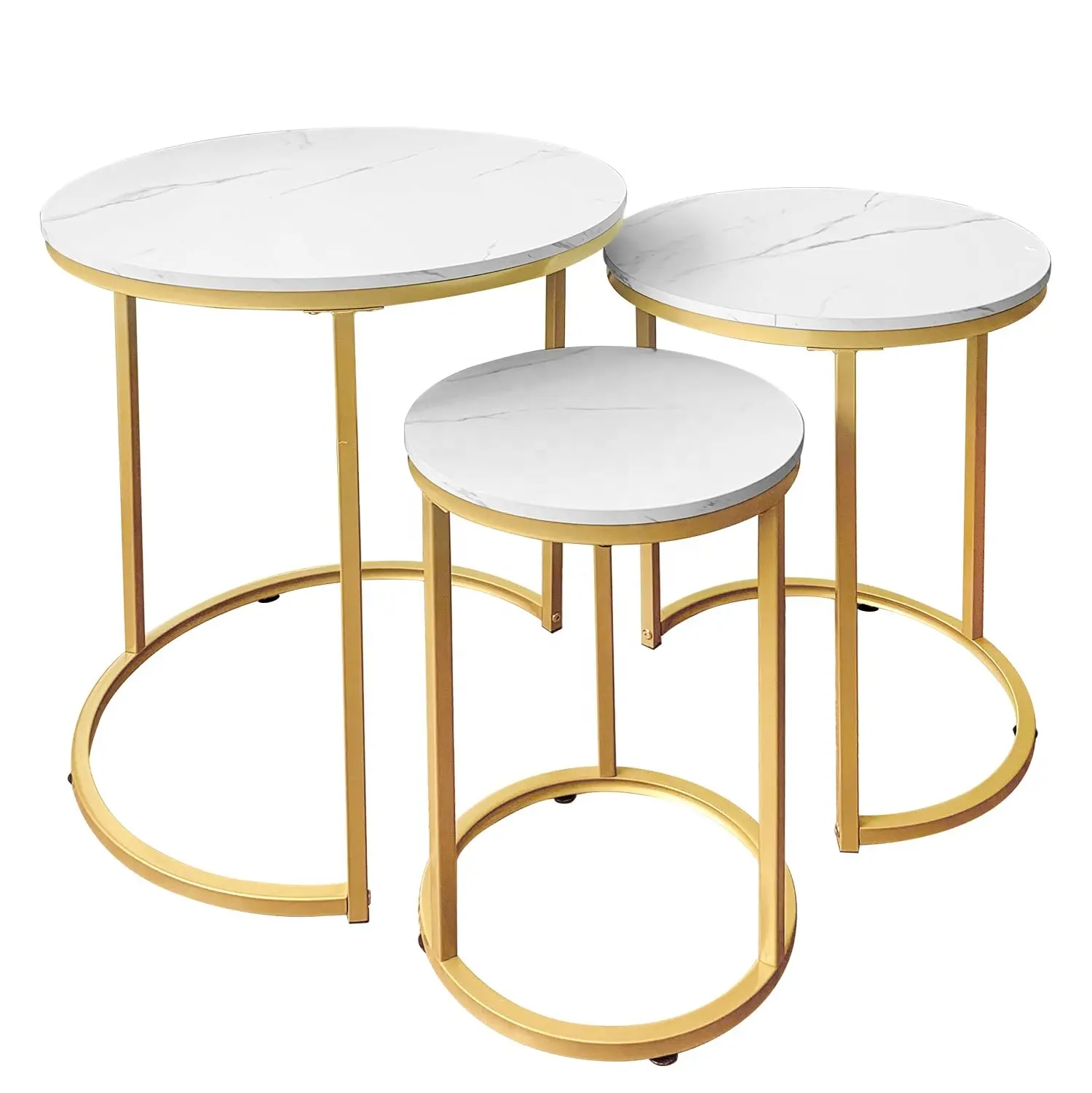 Aspecto moderno de veta de madera con base de patas brillantes para mesa de centro de sala de estar o mesitas de noche, mesa anidada blanca a la venta
