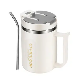 16OZ double wall mug travel plastic and stainless steel milk coffee cup with spoon straw