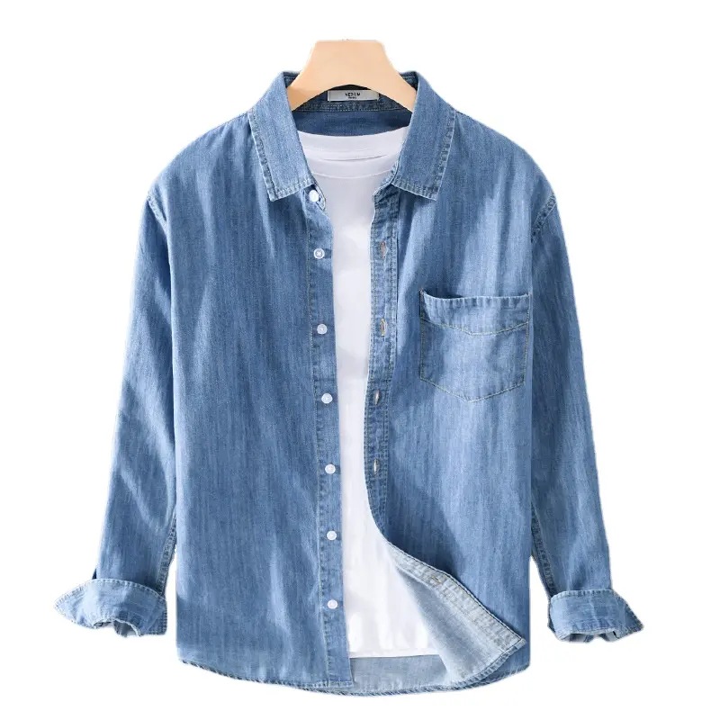 High quality men's spring autumn casual shirts long sleeve single chest pocket point collar denim shirts for men