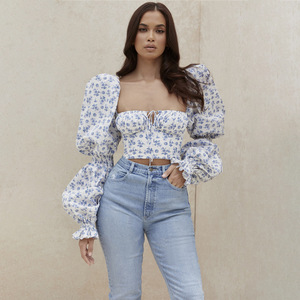 Long Puff Sleeve Square Neck Ruched <strong>Cup</strong> Strips Floral Chiffon Corset Crop Top <strong>Blouse</strong> - Product Image 2