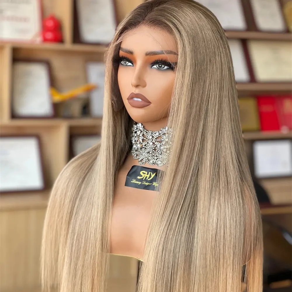 Balayage Straight Wig Human Hair Lace Front Blonde Highlight Transparent Lace Free Part Pre Pucked Hairline With Baby Hair