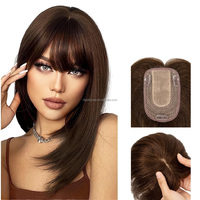 Postizo de Pelo Humano para Coronilla HE07 con Flequillo Recto 8x12cm 8 y 12 Pulgadas con 3 Clips y Base de Seda para Mujer