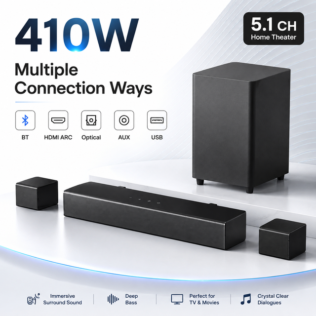 5.1CH Home Theater Speaker System 410W Soundbar with 6.5 Inch Wireless Subwoofer, Rear Surround Speakers and DSP Audio