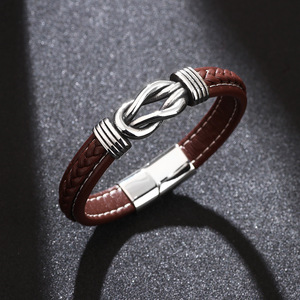 Men's Leather <b>Bracelet</b> Tibetan Silver <b>Infinity</b> Knot Braided Genuine Leather Gift Jewelry Fashion Bangle - Product Image 1