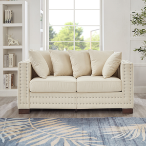 Modern Convertible <b>Living</b> <b>Room</b> <b>Sofa</b> Set with Square Armrest Silver Nails Decoration Upholstered Velvet Loveseat in Apricot - Product Image 1