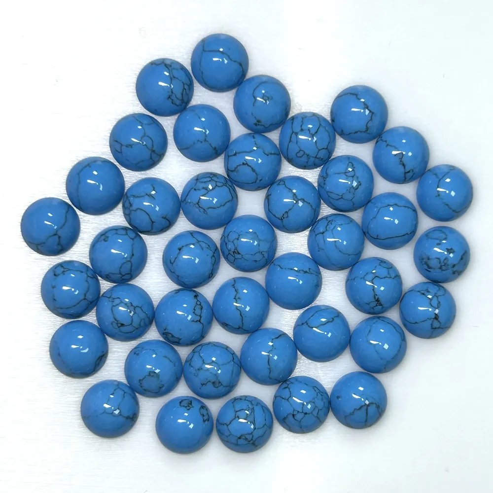 HQ gemas 8mm 10mm buena calidad redonda línea negra sintética azul turquesa cabujón piedra