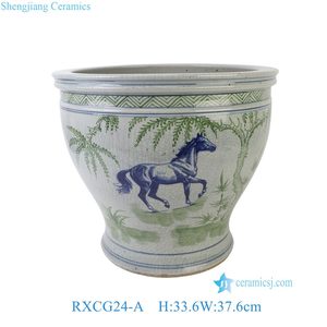 RXCG24-A Grand pot à fleurs en céramique de porcelaine bleu-vert, motif <span class=keywords><strong>bambou</strong></span> traditionnel, glaçure craquelée motif cheval - Product Image 6