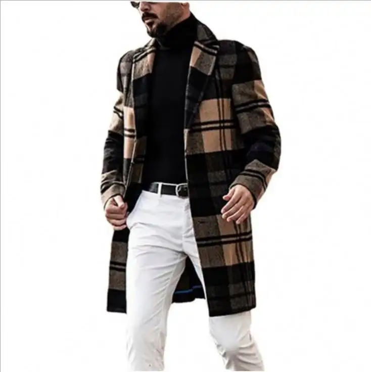 trendy 2021 Plaid Single Breasted Mens Long Coat Wholesale Winter Casual Wool Coats For Men