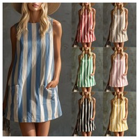 Robe Courte Rayée Sans Manches pour Femme, Col Ample, Coupe Droite, Été, Décontractée, Plage, Poches, Respirante, 100% Polyester, Grandes Tailles
