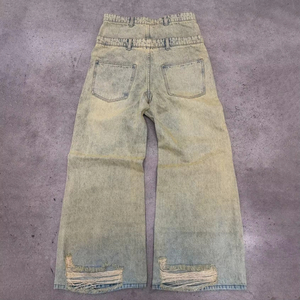 <span class=keywords><strong>Jeans</strong></span> larghi <span class=keywords><strong>in</strong></span> cotone <span class=keywords><strong>elastico</strong></span> di alta qualità tessuto Denim nero pesante effetto di lavaggio del sole doppia cintura personalizzabile - Product Image 2